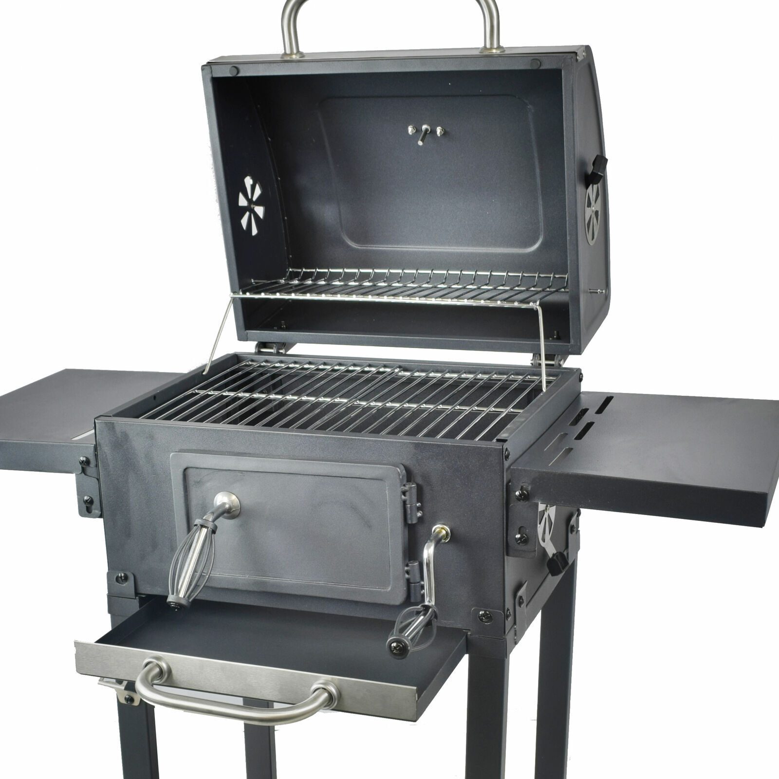 BBQ-Holzkohlegrill-Smoker-Set mit Deckel, höhenverstellbar, 2 Seitenablagen
