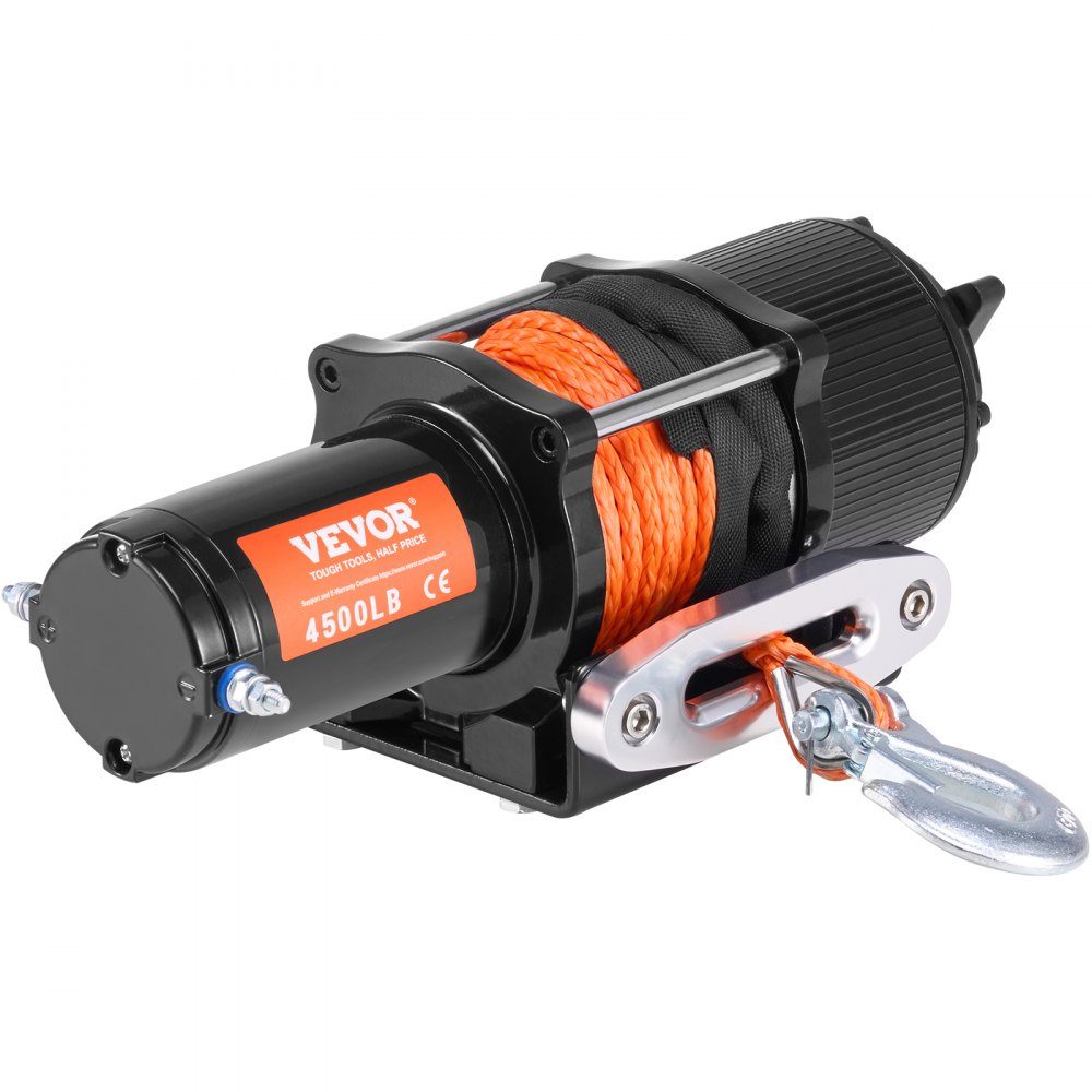 Electric Winch, 2048kg Pulling Force, 12V DC for ATV/UTV, with 12 Strand Synthetic Rope (Φ1/4" x 39ft), Aluminum Fairlead, Remote Controls, IP55 Water Resistance