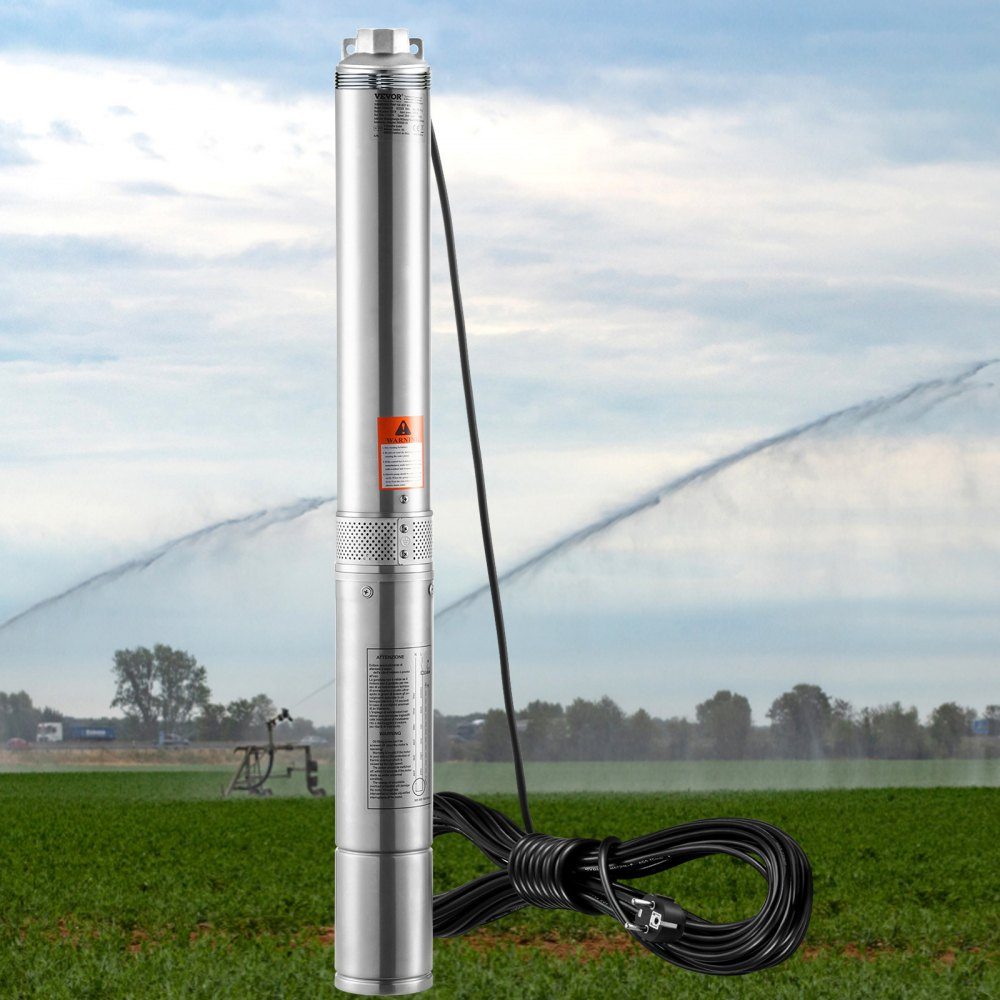 Deep Well Submersible Pump, 750W, 230V, 60Hz, 7.1m³/h Max Flow, 75m Max Head, with 9.1m Power Cable, Stainless Steel Water Pump for Industrial, Irrigation and Home Use, Water Rating IP68