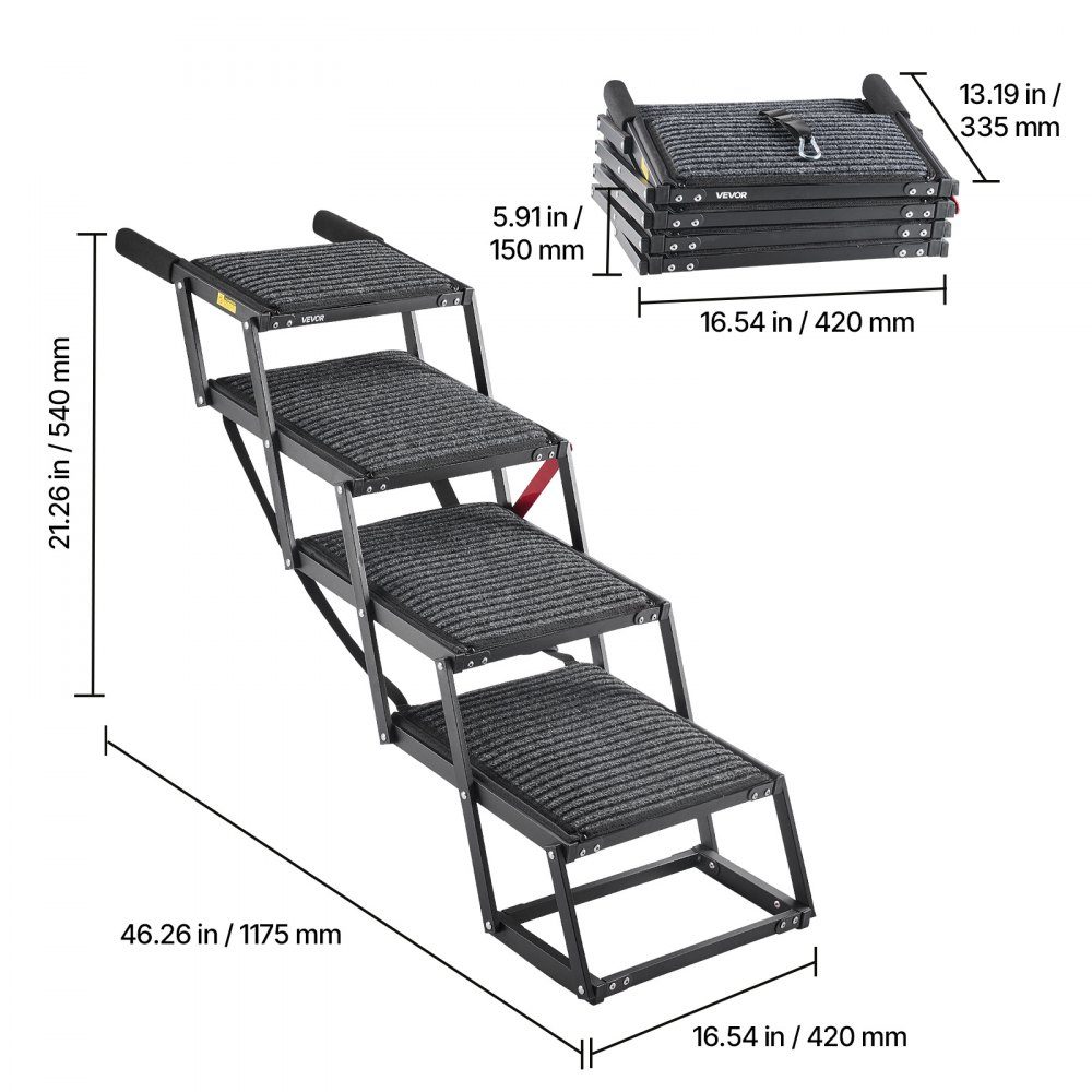 Dog stairs car foldable 4 steps, extra wide dog ramp for large dogs with soft felt carpet, portable entry aid for cars, SUVs, trucks, loft beds, sofas, load capacity up to 90 kg
