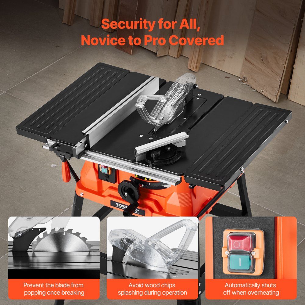 Scie à table avec support, 254 mm, 1800 W, scie circulaire de chantier, 200 mm max. performance de coupe, vitesse de coupe de 4800 tr/min, lame de scie avec 24-Zahn-, scie à onglet pour la construction de bois et de meubles