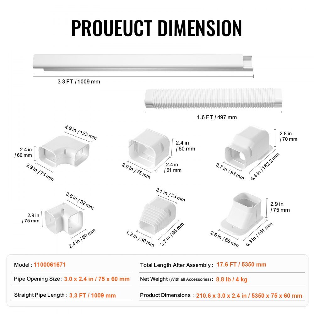 Mini Split Line Set Cover 76.2mm W 5350mm L Decorative PVC Pipe Cover for Air Conditioner with 4 Straight Ducts and Complete Components Paintable for Heat Pump White