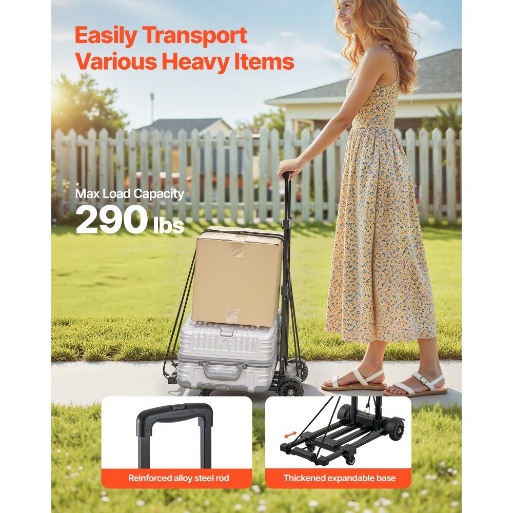Diable pliable, capacité de charge de 131,5 kg, camion de transport à 4 roues, 2 cordes élastiques et base extensible, chariot de transport pour aéroport, bagages, déménagements de bureau, noir, 530x320x970mm