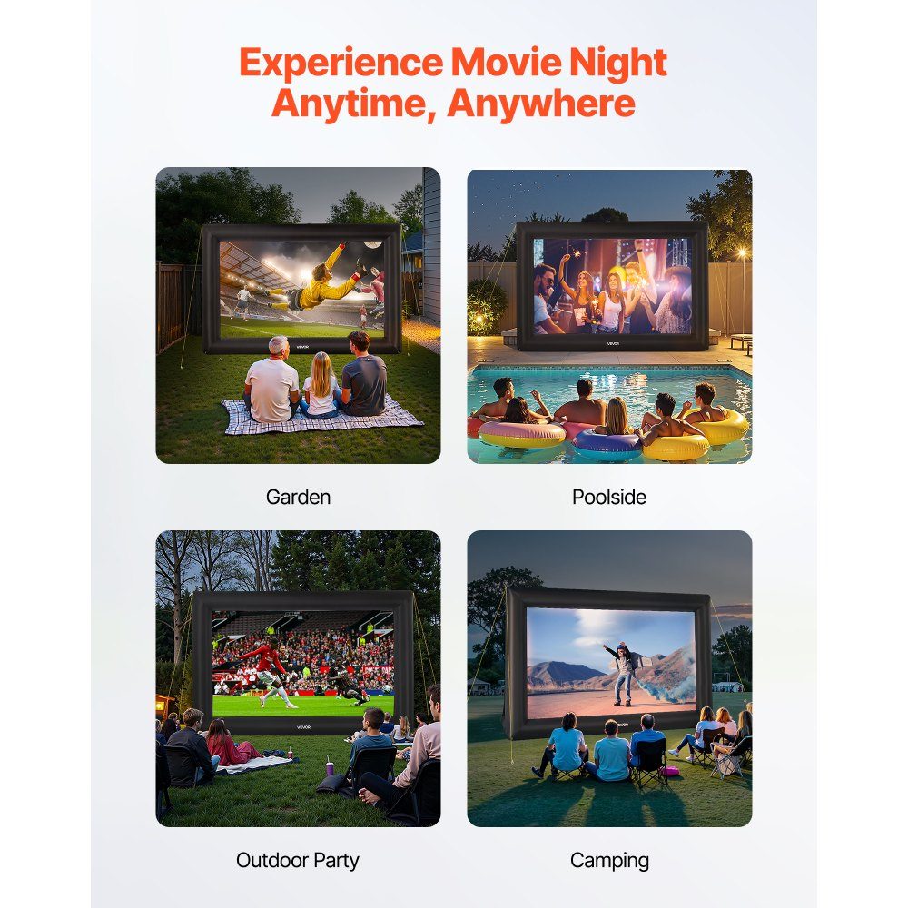 Inflatable Movie Screen, 600D Projector Screen, Projection Screen with Portable Storage Bag, 16:9 Movie Projection for Home Theater Theme Party, Pool Fun (513x185x330cm)
