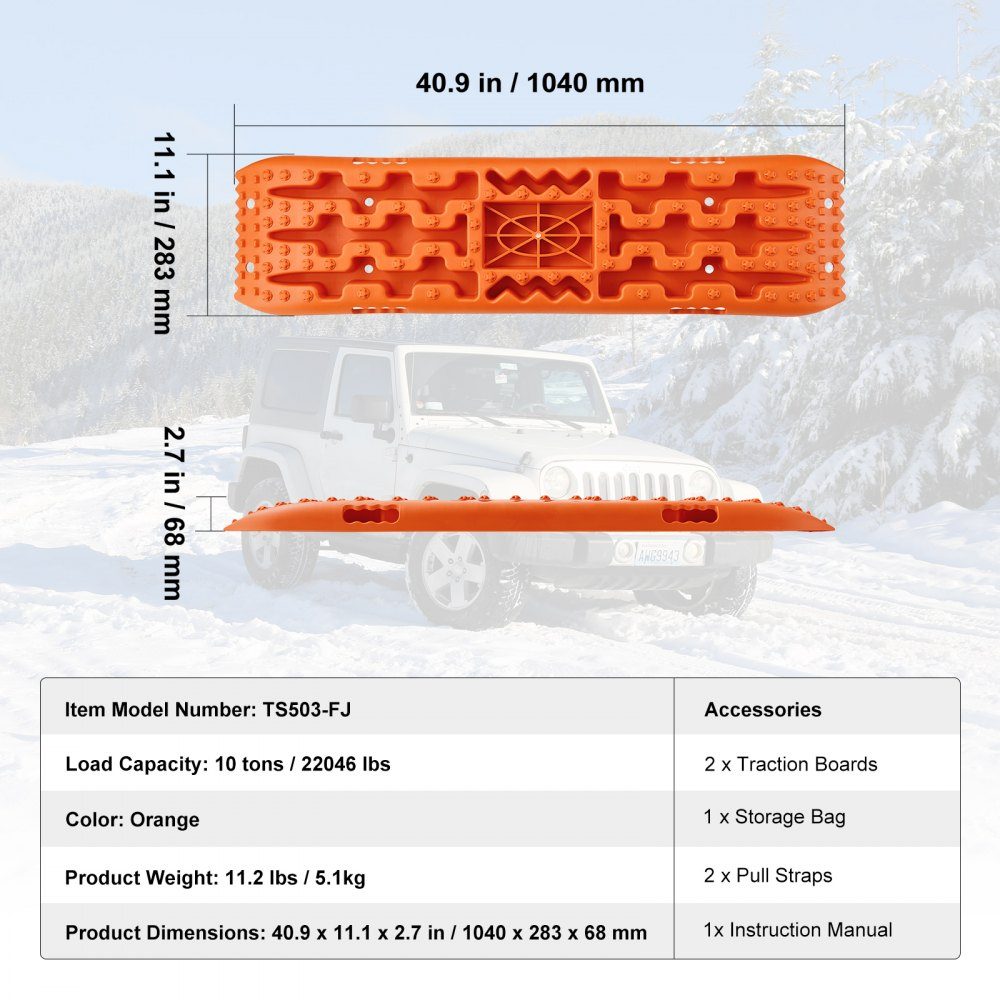 10 TON Traktionsbretter mit PP-Material, Bergungsbretter für Geländefahrzeuge/Autos/Pickups/SUVs/Wohnmobile, Paar Reifen-Traktionsmatten auf Schnee, Sand, Schlamm und losem Boden, Aufbewahrungstasche, lang, Orange