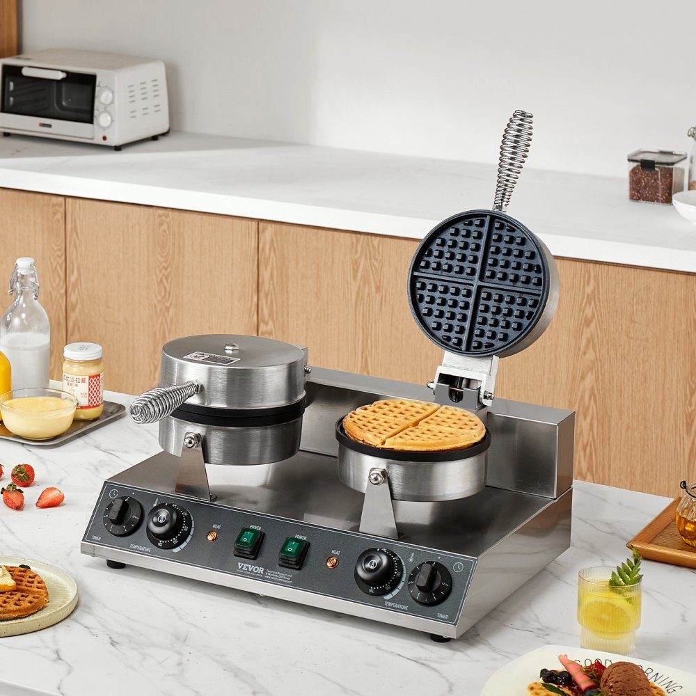 Kommerzielles rundes Waffeleisen mit Doppelkopf 2460 W, belgisches Waffeleisen mit antihaftbeschichteter Backoberfläche, Temperatur- und Zeitkontrolle, für Restaurant-Bäckerei-Snackbar