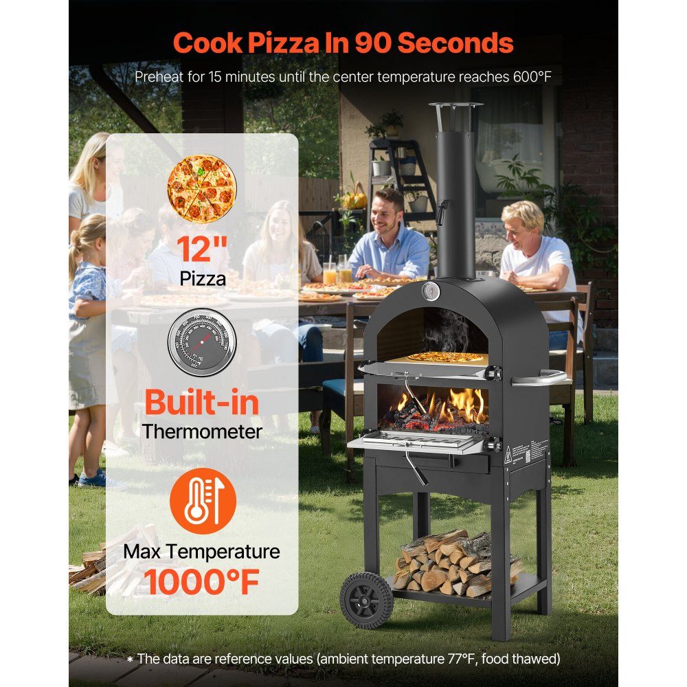 Pizza Oven 12 Inch Pellet Ovens, 2 Layer Wood Fired Pizza Oven, Outdoor Wood Oven with 2 Removable Wheels, Pizza Maker with Maximum Temperature of 540°C for Grilling