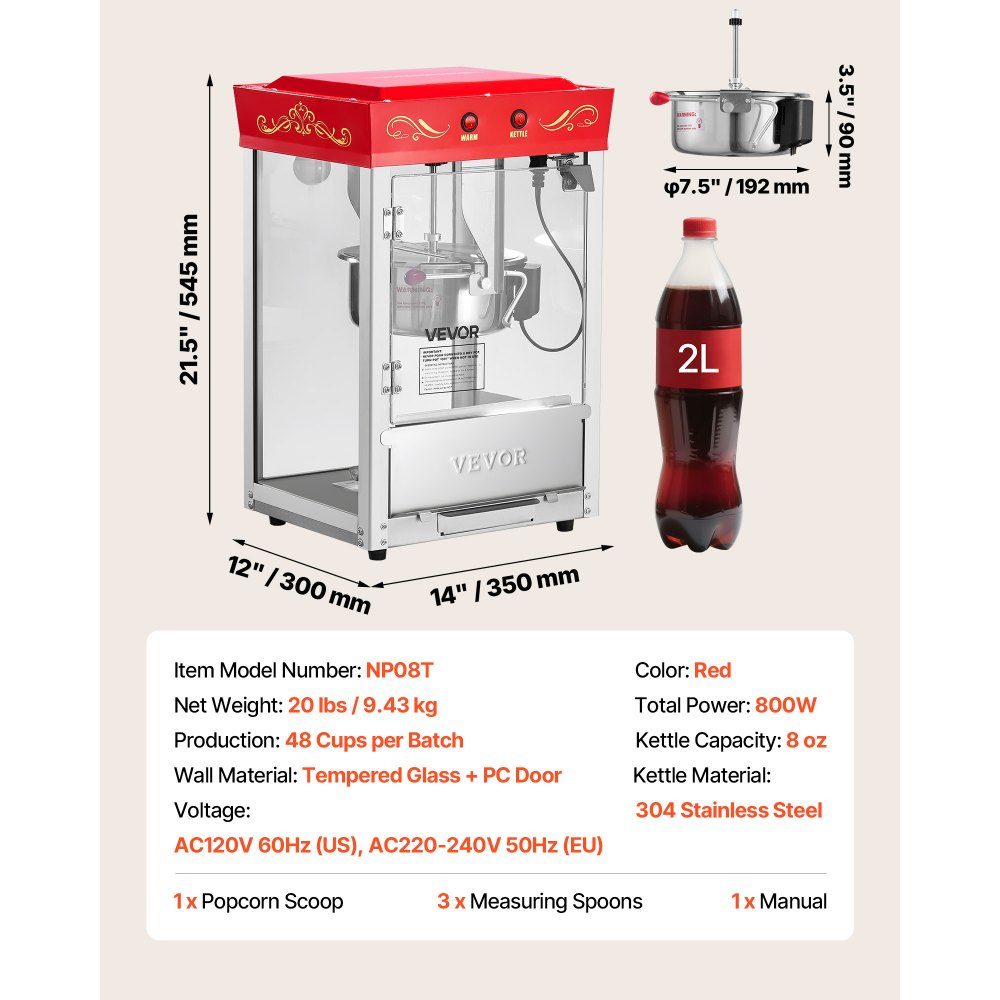 Popcorn Machine with Stainless Steel Boiler, 800W Commercial Popcorn Machine, 48 Cups per Load, Cinema Style, with 2 Button Control, Glass Wall, PC Door, 1 Scoop, 3 Spoons, Red