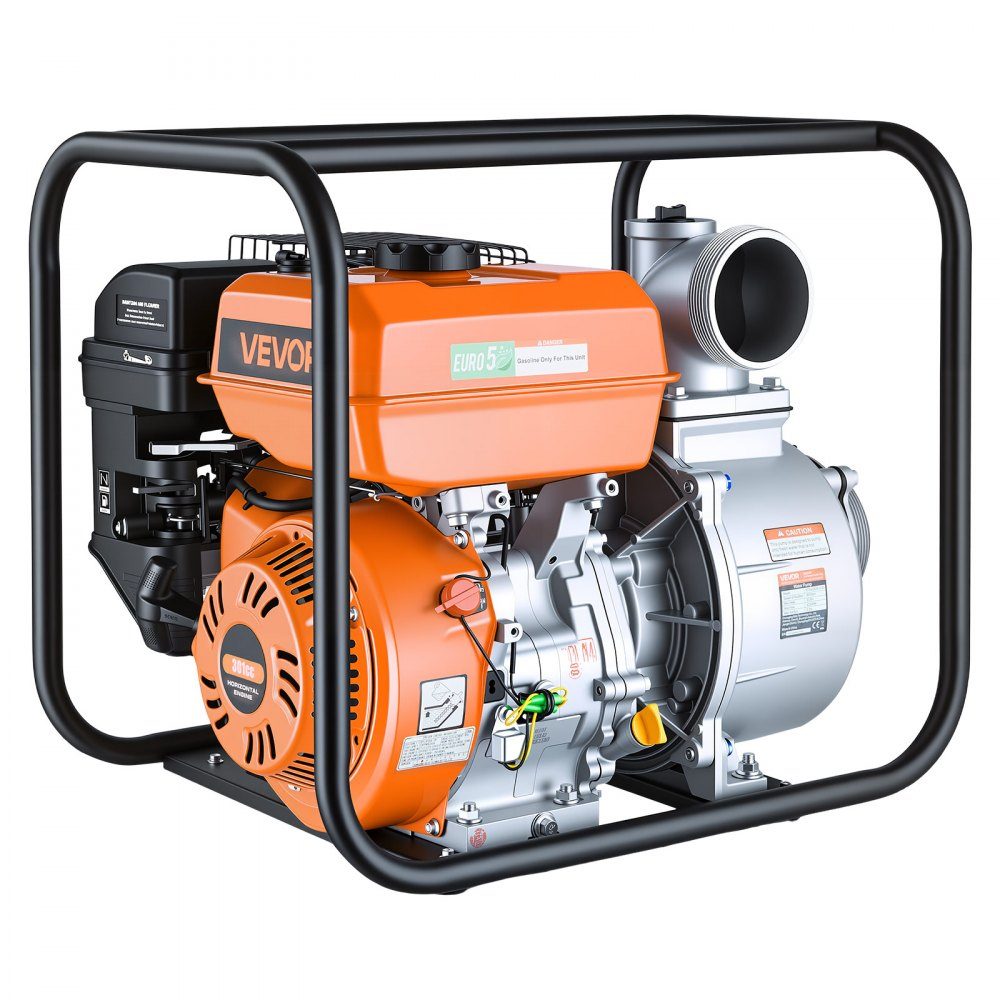 Pompe à eau essence 422 GPM, pompe à eau sale de 4 pouces, pompe à moteur de 8,3 CV portable avec tuyau de refoulement de 7,62 m et pompe de refoulement d'eau à turbine en fonte pour l'irrigation, le drainage, les chantiers de construction, les étangs