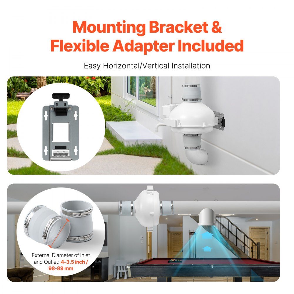 98–89 mm Radon-Lüfter-Installationsset, 260 CFM Radon-Minderungs-Lüftersystem-Set mit 2 Kupplungen, Manometer, Inline-Kanalventilator-Abluftventilator für Innen- und Außenlüftung