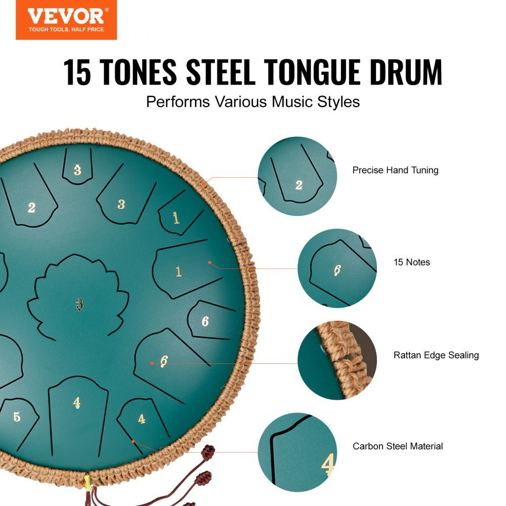 Zungentrommel 356 mm, Stahlzungentrommel 15 Noten, Regentrommel, C-Dur-Tonart, Regenglockenspiel mit 2 Schlägeln und Tragetasche, Handpan-Trommel, Schlaginstrument für Musikunterricht und Yoga, Grün