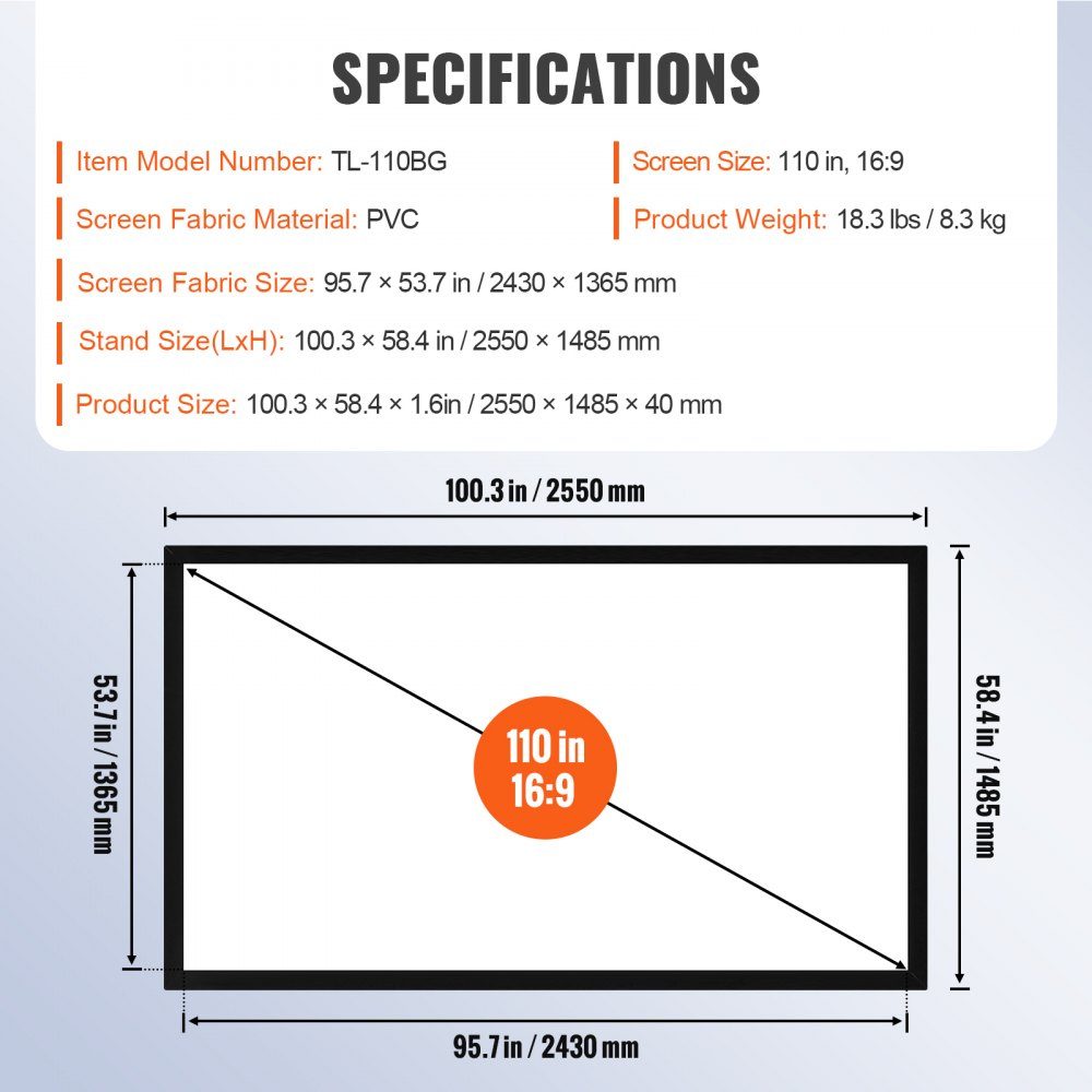 Projector screen 257 cm x 150 cm, screen diagonal 279 cm, screen ceiling mounting made of PVC, 15 kg projection surface with 160° viewing angle, for outdoor activities