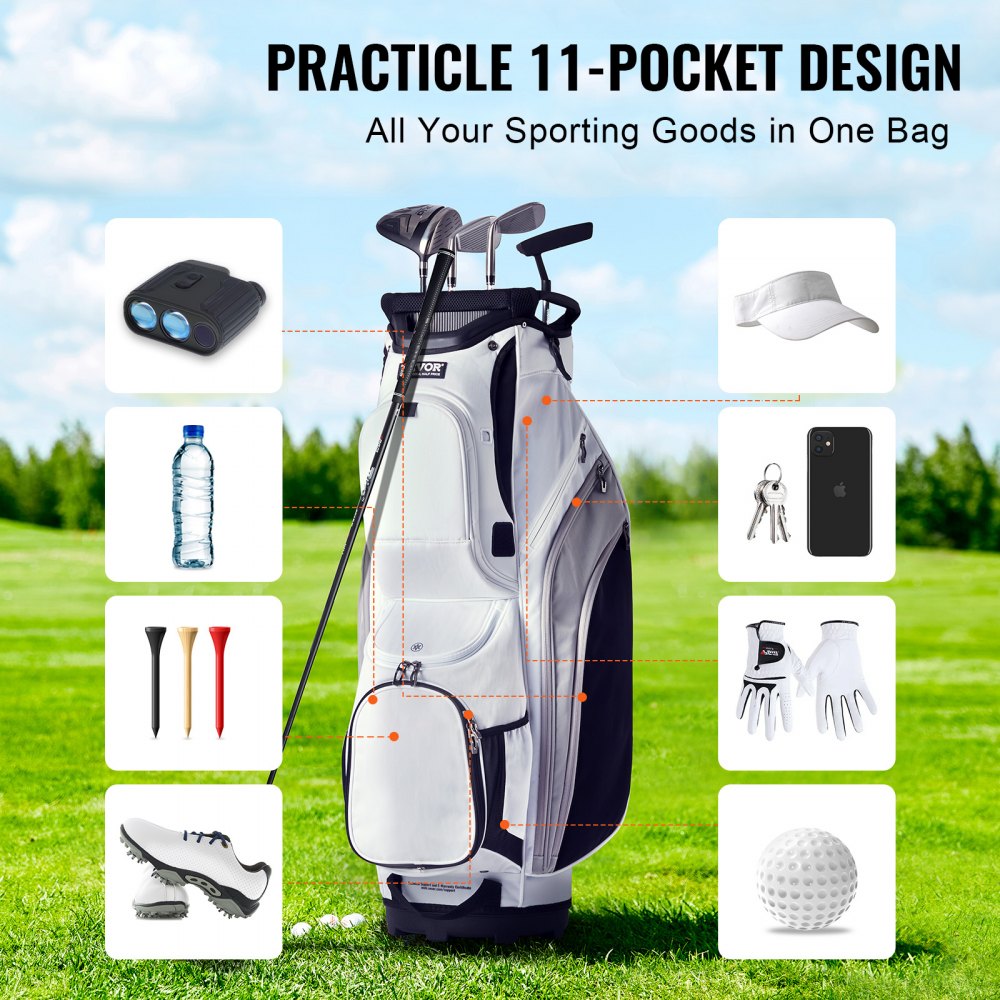 Golfkartas met 14-weg bovenorganizer, 36" 13 zakken Premium nylon kartas, duurzame golftassen met handvatten, stofkap en afneembare bandjes voor mannen en vrouwen, wit kleurblokontwerp