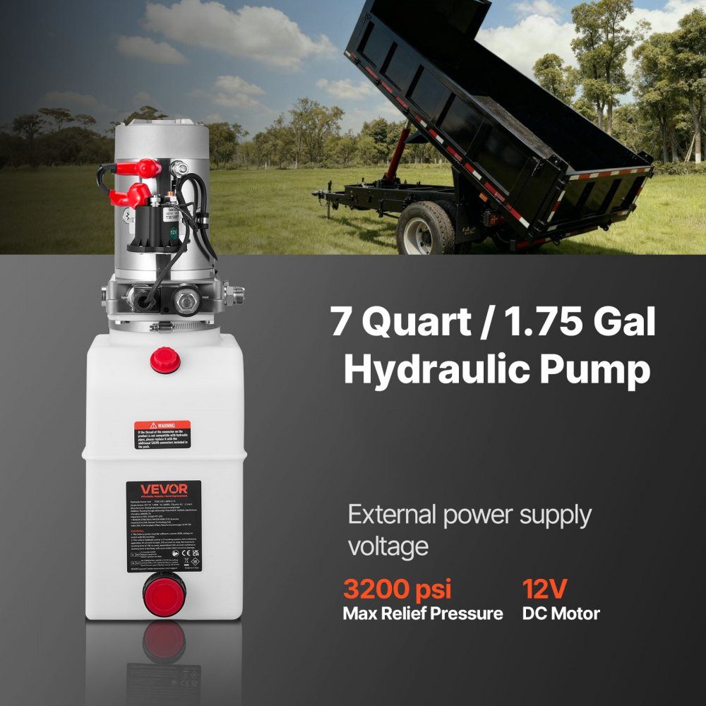 7 Qt hydraulic unit, single acting dump trailer pump, maximum opening pressure 22MPa and flow rate 3.4L/min, 12V DC hydraulic pump with metal reservoir for dump trailer white