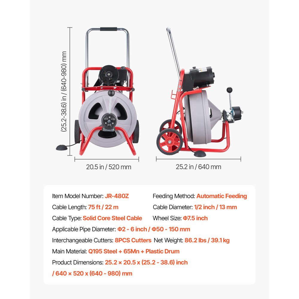Pijpreinigingsmachine met automatische toevoer, 22m x 13mm pijpreinigingskabel met 7,5 inch rollen, elektrische pijpreiniger voor pijpen van 5-15 cm, pijpreinigingsapparaat voor afvoeren, gootstenen
