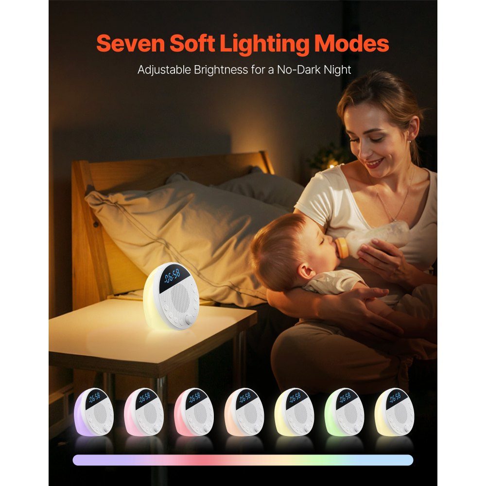 Sleep Aid, White Noise Device, 18 Music Tracks, 7 Color Night Light, 6-in-1 White Noise Sound Device with Dual Alarms, APP, Auto Off Timer and Memory Function