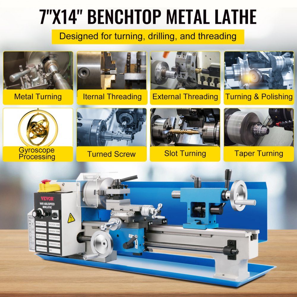 Mini tour 550 W, mini tour à métaux max. 2500 tr/min, tour de table à métal, mini tour à métal, tour de table, filetage 12-52 TPI, mini tour à métal, accessoires inclus