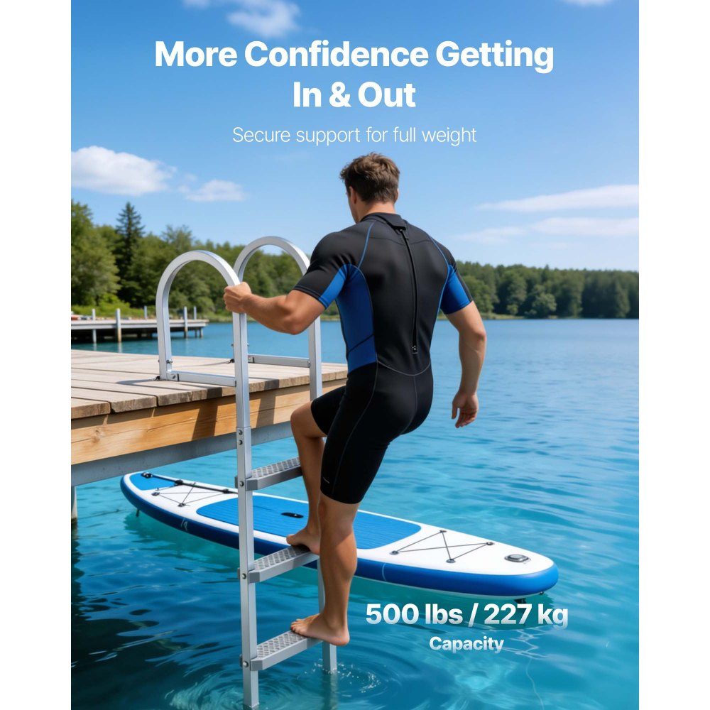 Dock Ladder Detachable, Boat Ladder with 4 Non-Slip Steps, Wide Pedals and Handrail, Pool Ladder with 500lb Load Capacity Made of Aluminum Alloy, Entry Ladder for Docks, Pools, Lakes, Boats, Silver