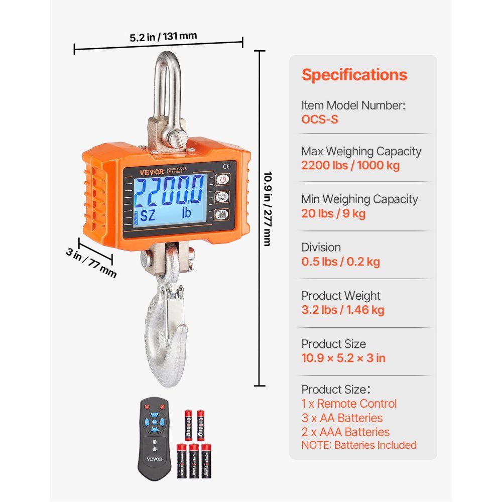 Industrielle Hängewaage, 1000 kg, robuste digitale Kranwaage mit Fernbedienung, Lastwaage, Gehäuse aus Aluminiumguss, hochpräzises LCD-Display für Bau, Fabrik, Bauernhof, Jagd, Orange