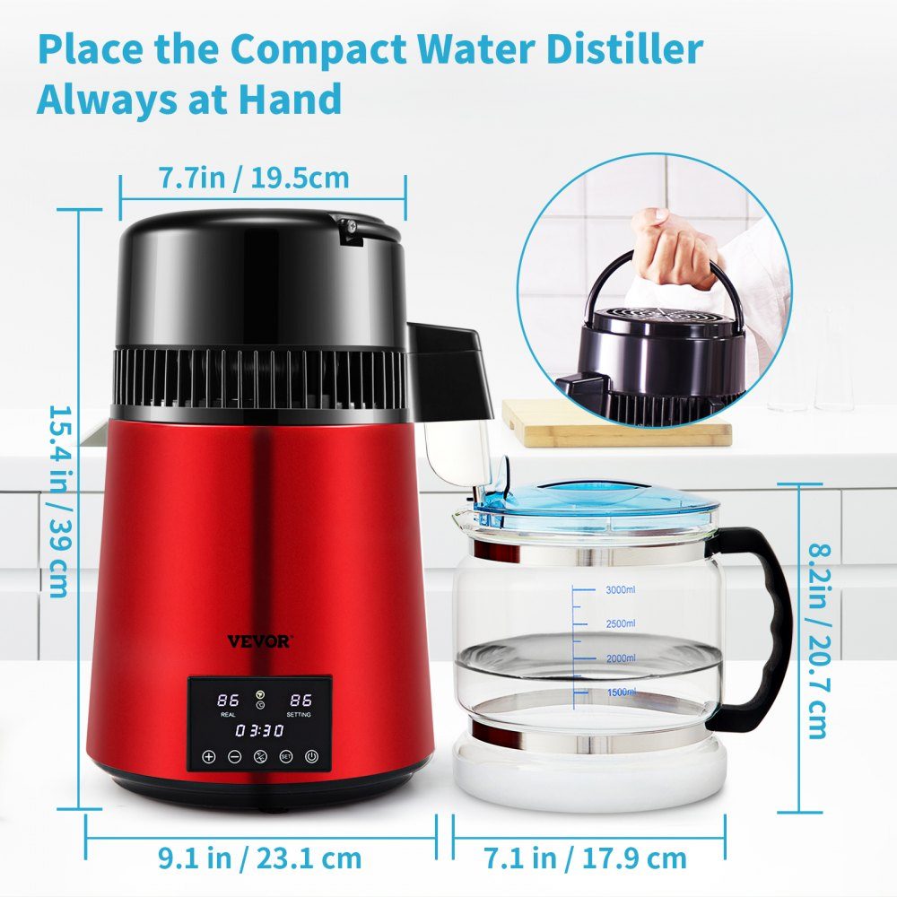 Water distiller 1 l/h. 750W Water Distiller, Distilled Water, Stainless Steel Distilling System, Red Water Distiller, Borosilicate Glass Jug, Household Pure Water Distilling