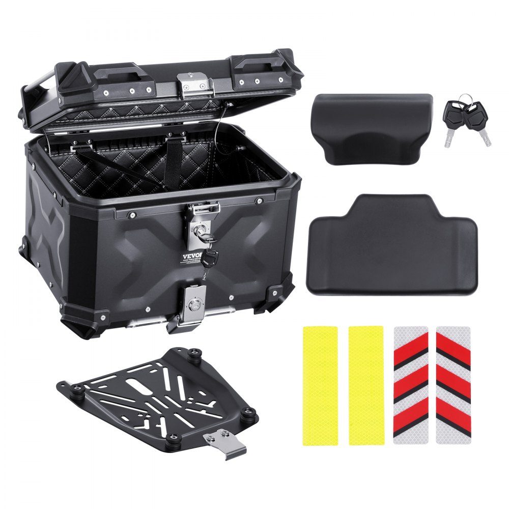 Motortopkoffer Motorkoffer 55L aluminium achterkoffer met lederen voering, afneembare motorfiets topkoffer met slot en rugkussen, helmkoffer (470 x 430 x 367 mm) Zwart