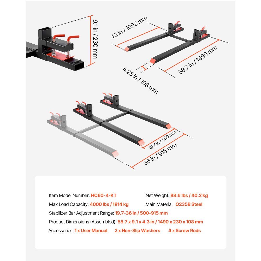 Pallet Forks, 1814kg Clip-On Fork Carrier, 1490mm Overall Length, Forks with Adjustable Stabilizer Bar for Tractor Attachments, Loader Bucket and Skid Steer Loader, Black