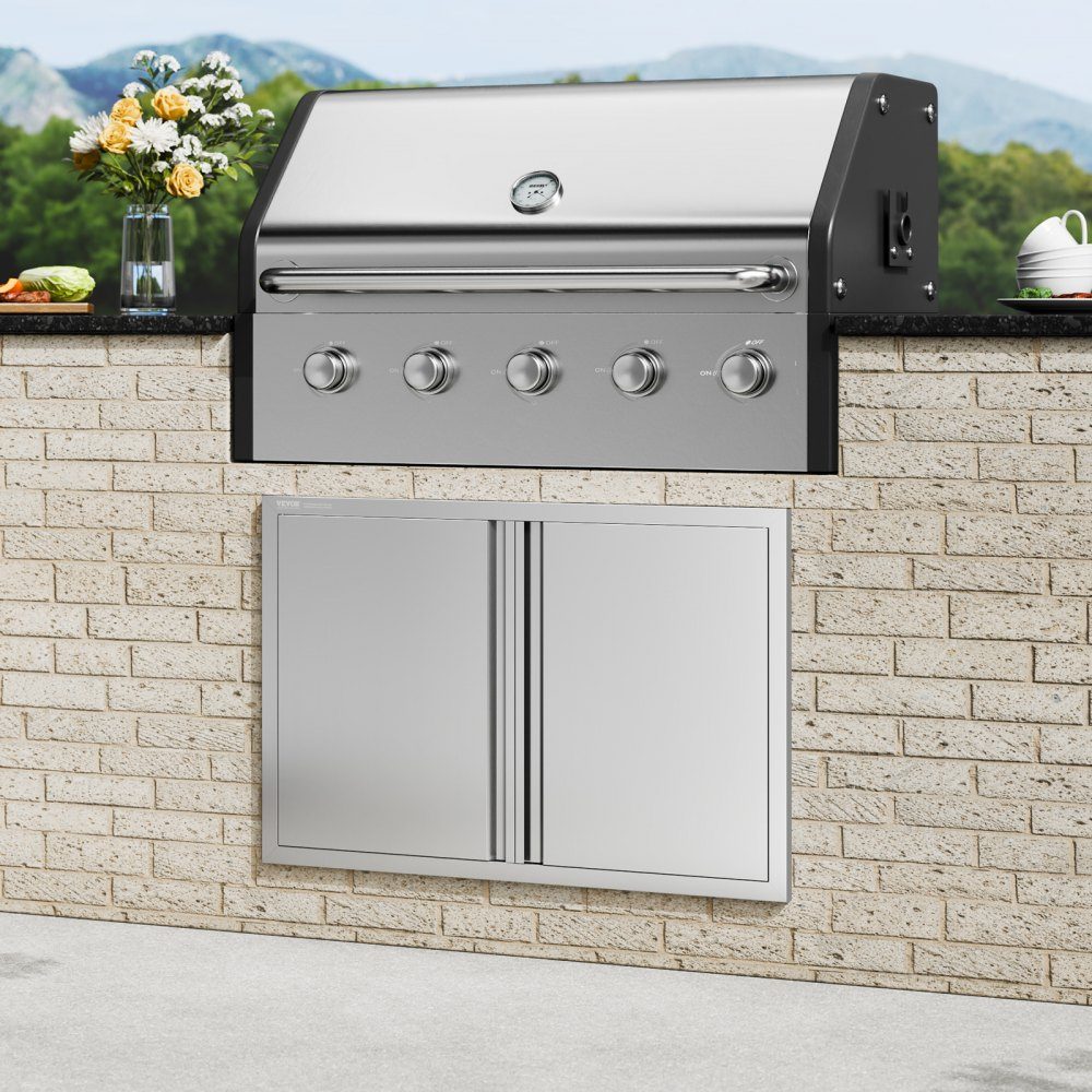 Grill Access Door 914x610mm Double Outdoor Kitchen Door Flush Mount Stainless Steel Door Vertical Wall Door with Retractable Handles for Grill Island Grill Station Outdoor Cabinet