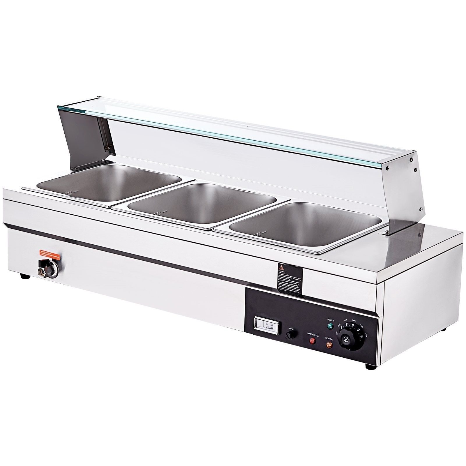 RVS buffetverwarmer, voedselverwarmer, buffetcontainer. Elke verwarmingsplaat kan worden gebruikt, inclusief glazen deksel, aftapkraan en droogbrandindicator, voor kantine, café etc. Chafing Dish