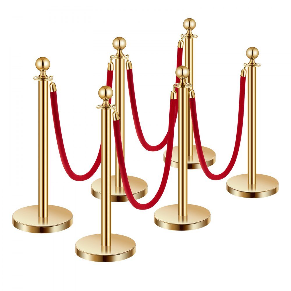 Absperrpfosten (6 Stück) zur Massenkontrolle mit 4 roten Samtseilen (1,5 m lang), Absperrständer aus Edelstahl mit nachfüllbarer Basis für Ausstellungen Golden
