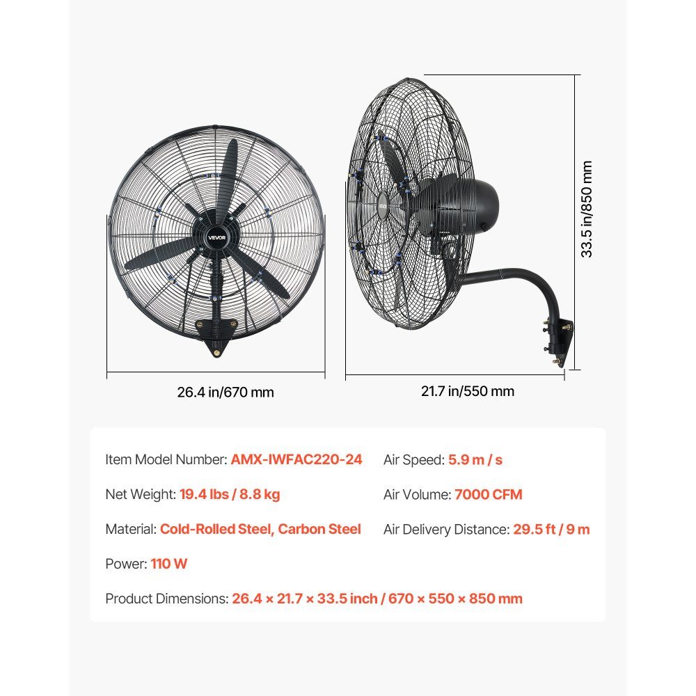 110W Industrial Wall Fan 67cm 7m/s Oscillating Wall Fan with 3 Mist Levels and Adjustable Tilt Angle Commercial Industrial Fan for Workshop Garage Warehouse Gym Black
