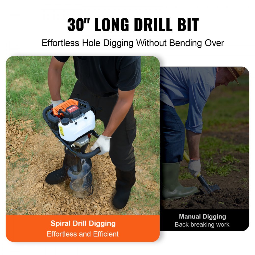 Erdbohrer mit Benzinmotor, 52 CC, 1450 W, Benzinbohrer mit 8-Zoll-Bits und 1 Verlängerungsstange, Pfostenzaunlochbohrer für Ackerland-Gartenpflanzen, Orange + Schwarz