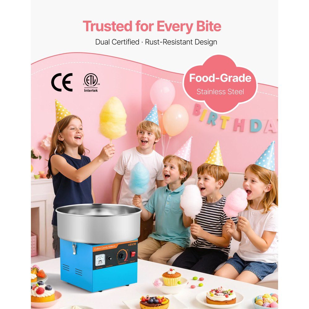Cotton Candy Machine, 1000W Electric Cotton Candy Machine with 38cm Stainless Steel Bowl and Candy Spoon, Makes Cotton Candy for Home Birthdays, Family Reunions, Blue, 3500RPM