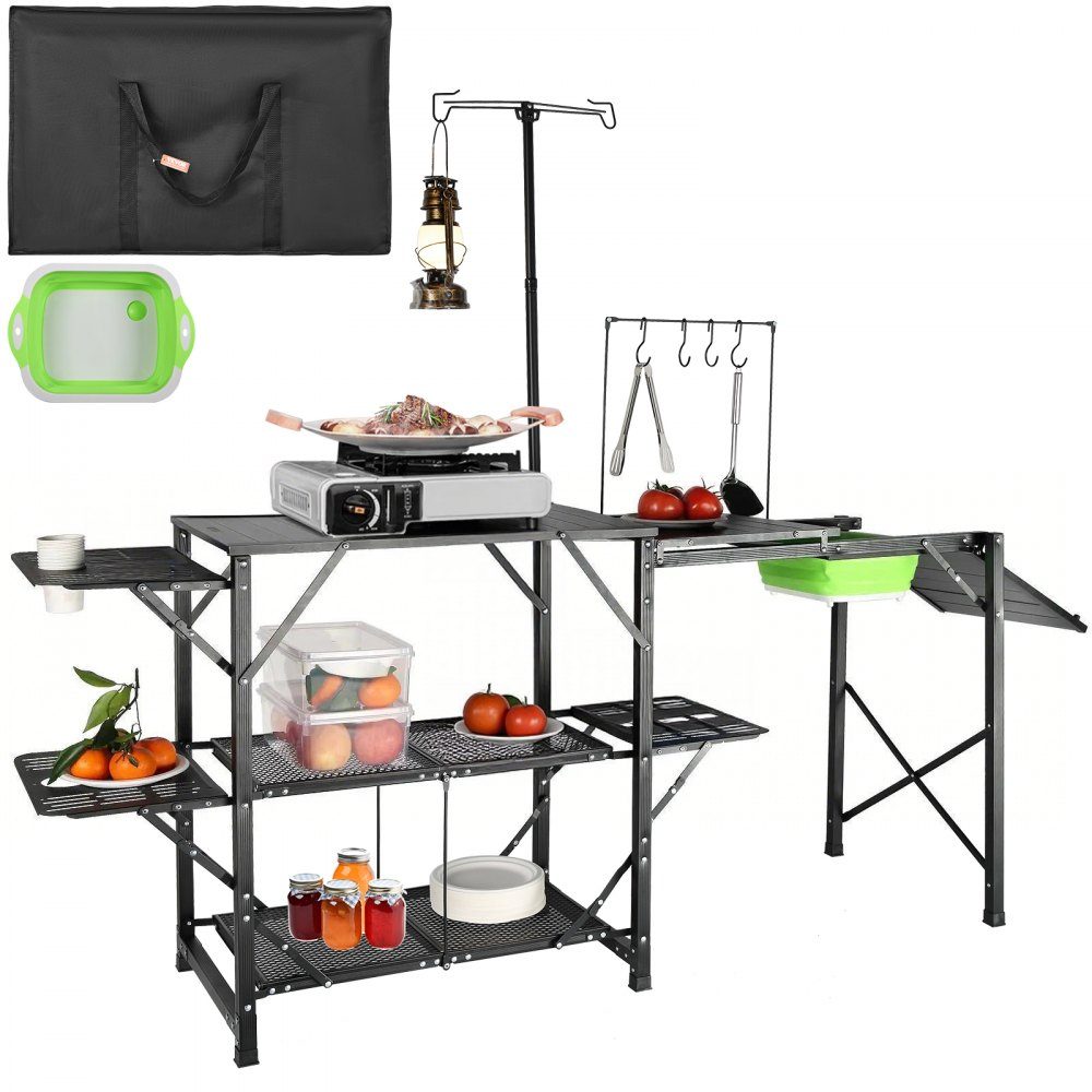 Camping kitchen, outdoor camping kitchen, 174 x 50 x 160 cm, travel kitchen, tent cupboard, foldable, 40 + 22 kg, folding camping table, kitchen box, worktop, space for the sink, carrying bag, black