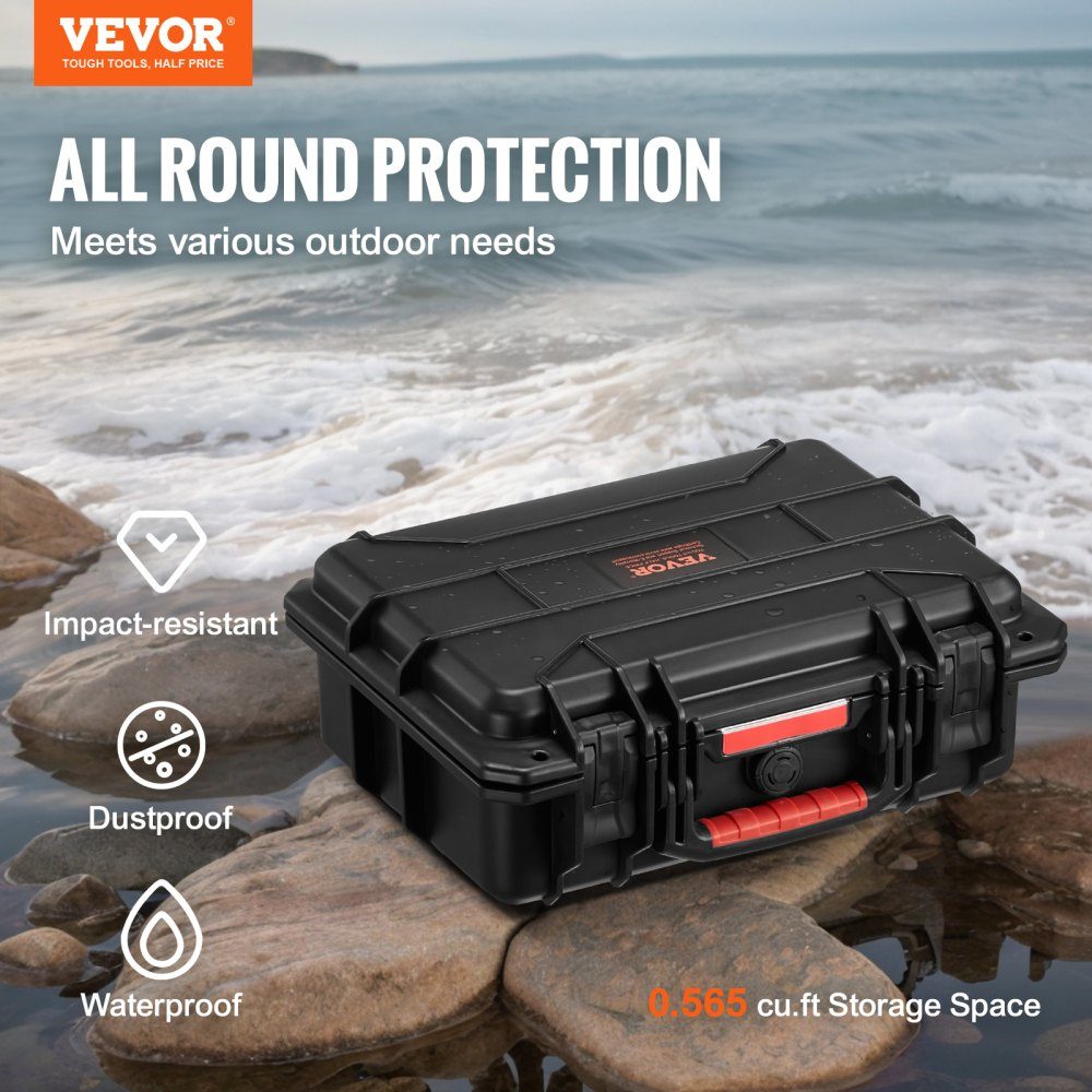 Weatherproof Hard Shell Dry Boxes with Pre-Cut Foam and Retractable Handles for Travel, IP67 Waterproof Case for Cameras, Black (38 x 30 x 14 cm)
