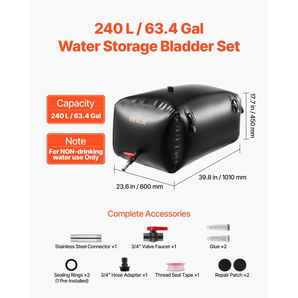 Water Bladder Storage Container, 240L Foldable Water Bag, 1000D PVC Water Container, Leakproof Water Container, Ideal for Camping, Garden Watering, RV & Emergencies, Black