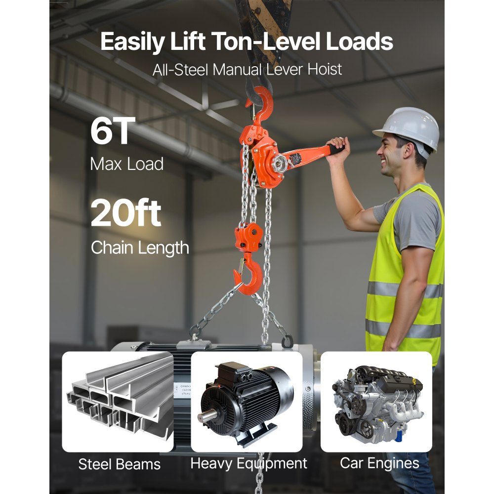 Hefboomtakel Handkettingtakel met capaciteit van 6 ton 6 m lift G80-ketting van gelegeerd staal met mechanische dubbele palrem Rateltakel 360 ° draaibare haken voor magazijnbouwgarage