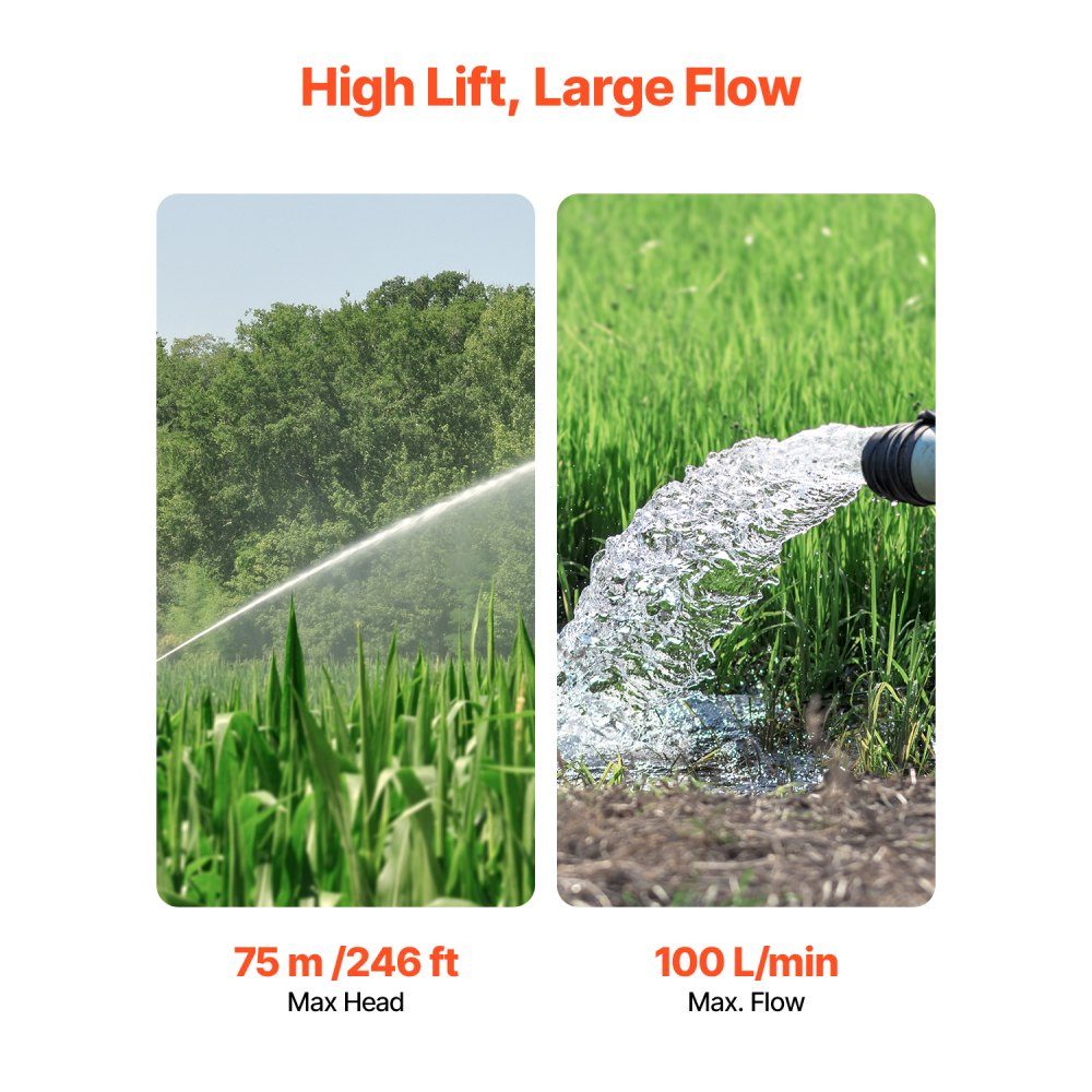 Deep well pump, 1100W input power, 100L/min flow, 75m head, with 20m cable, submersible pump, for industrial irrigation and home use, water protection class IP68