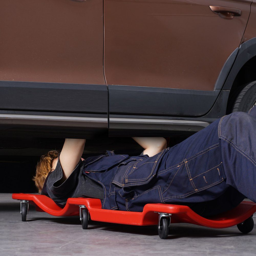 Workshop rolling board assembly rolling board workshop stool assembly table 1 m long, rolling mechanic's wheelchair with 6 universal wheels padded seat, for the garage workshop or at home red