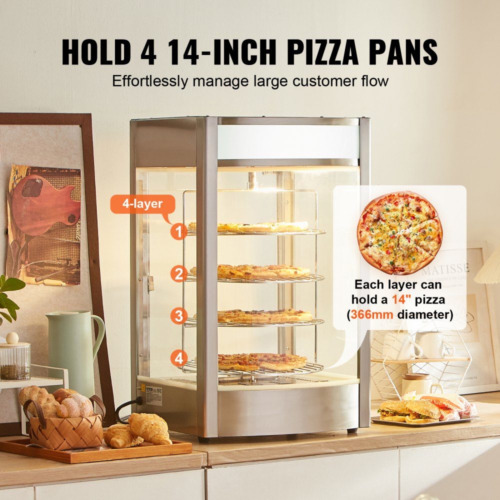Commerciële Voedselverwarmer voor 14" Pizza, 4-laags Pizzaverwarmer met Roterende Stoomverwarmer, 30℃~85℃ Temperatuurregeling en Temperatuurweergave, 25W Ovenlicht + Top-LED voor Pizzeria, Restaurant