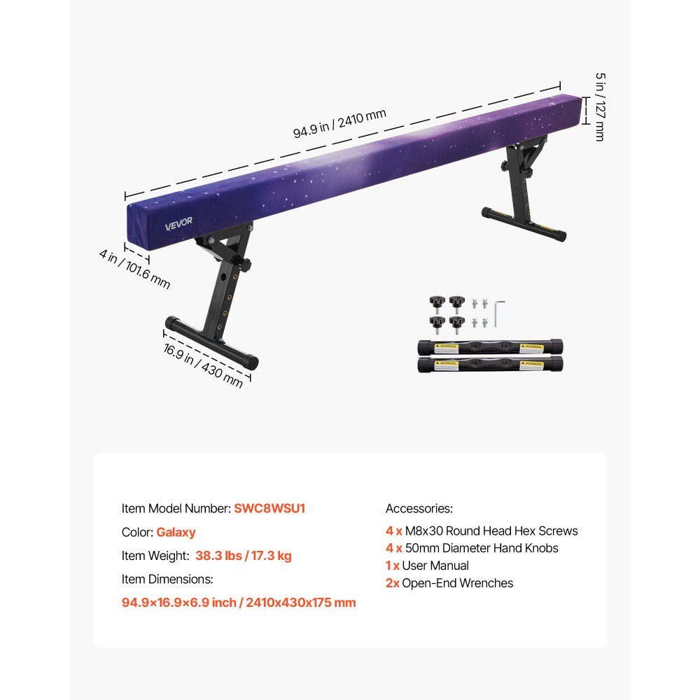 Poutre de gymnastique pour enfants 241 cm réglable en hauteur (5 niveaux), poutre de gymnastique porteuse de 158,7 kg, poutre d'équilibre pour salle de gym, Galaxy