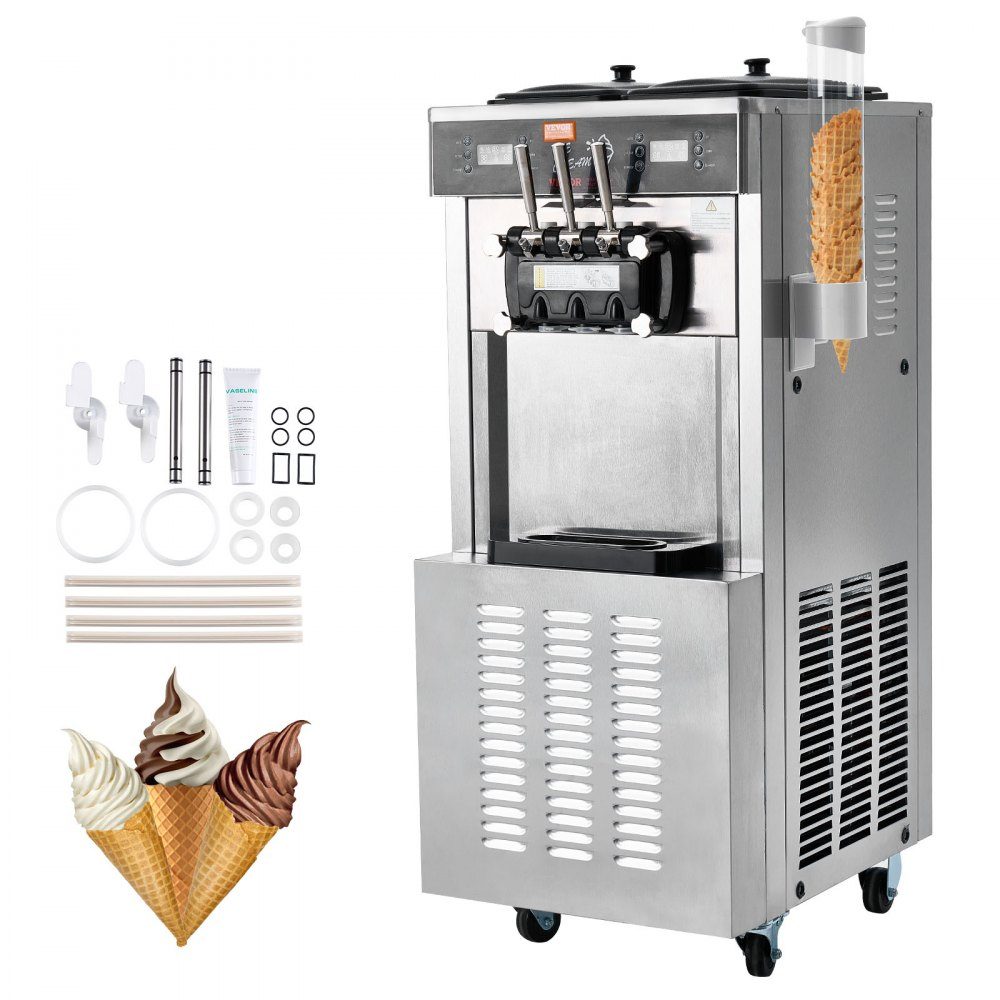 Komercyjna maszyna do lodów, wydajność 34-44 L/h, 1850 W, wolnostojąca maszyna do lodów miękkich w 3 smakach, 2 pojemniki ze stali nierdzewnej o pojemności 9 l, panel LED, obsługa jednocylindrowa i chłodzenie nocne