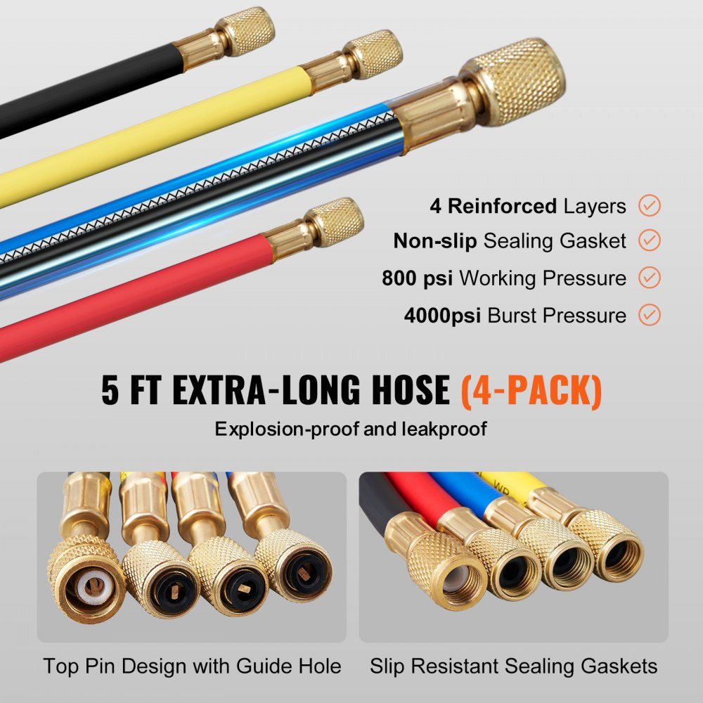 Refrigerant Pressure Gauge 4 Way Car Refrigerant Distributor Gauge Set R134A-R12-R410A-R22 AC 4pcs 1524mm Charging Hoses Refrigerant Distributor Gauge AC Diagnostic Tools Car Air Conditioner
