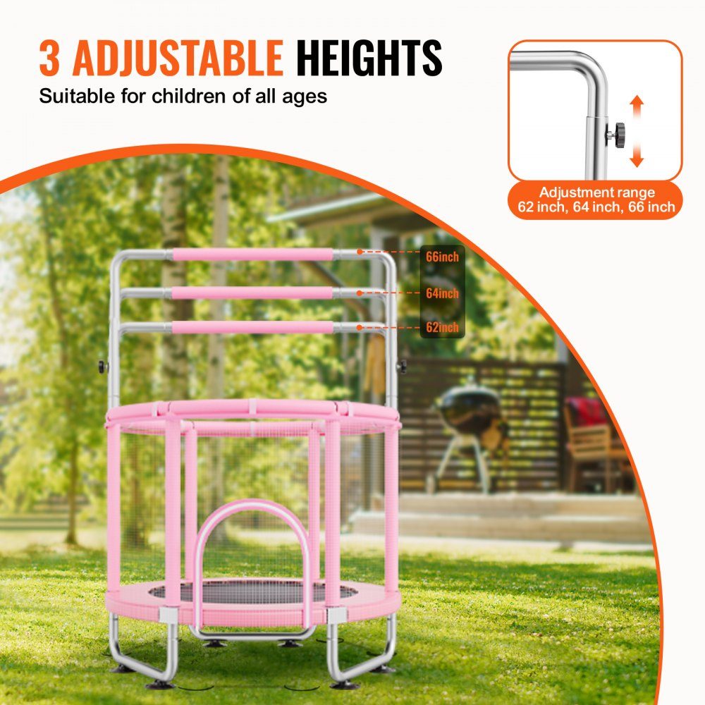 Kindertrampolin, Mini-Freizeittrampolin 147 cm, für Kleinkinder, verstellbar, mit Sicherheitsnetz & Basketballkorb, Geburtstagsgeschenk, Weihnachtsspielzeug für Kinder ab 3 Jahren, Rosa