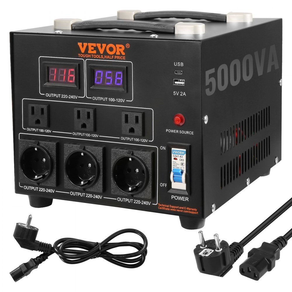 5000 W Spannungswandler-Transformator AC 110 V⇋220 V Transformator-Konverter 3x US NEMA 5-15R 3-polig / 3x europäische Shucko-Ausgangsbuchsen, 1x 5V USB-Anschluss und 1x Typ-C-Buchse