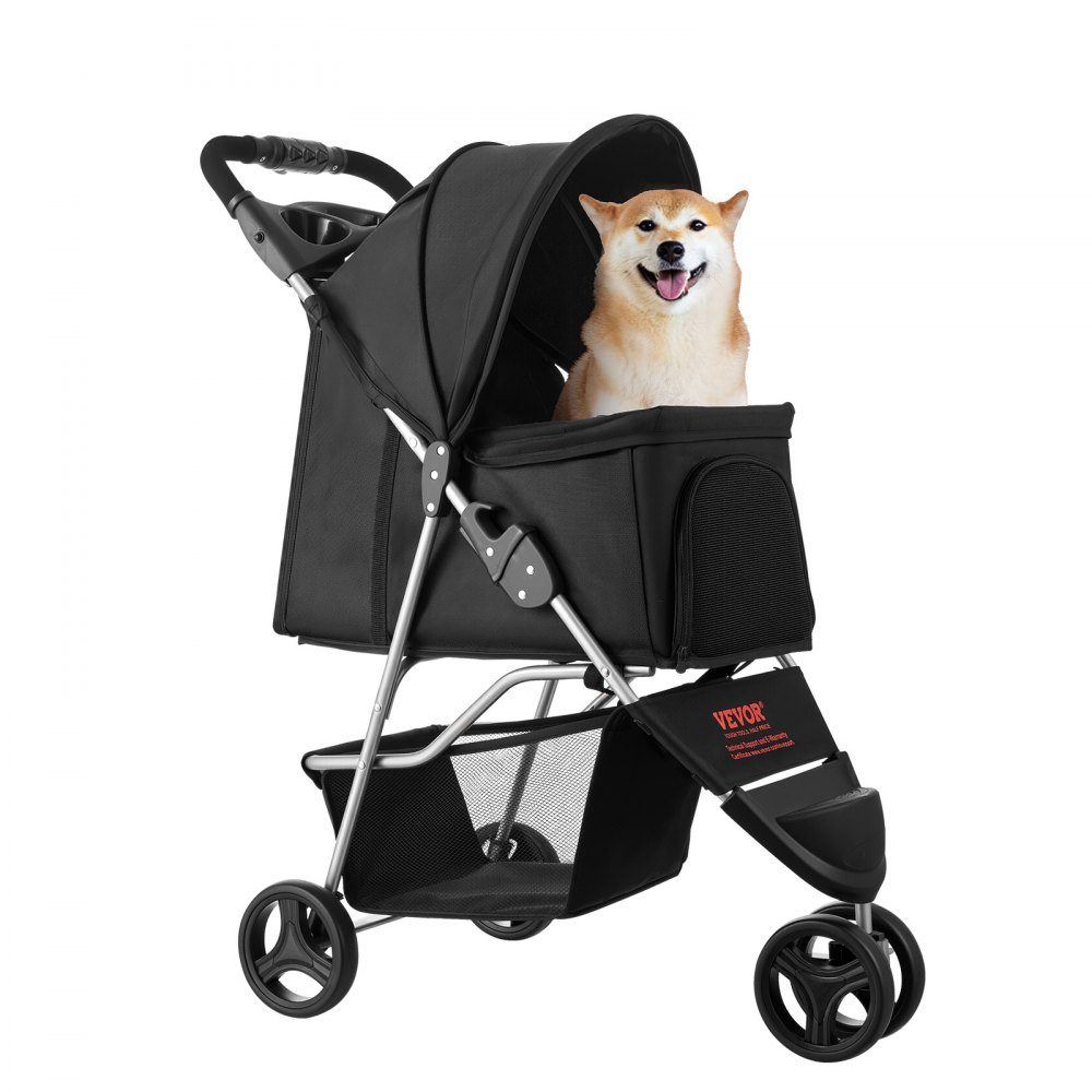 Hundebuggy, Tragfähigkeit 16 kg, faltbarer Haustierbuggy, Katzenbuggy mit 3 Rädern, Netzfenstern und Getränkehaltern, Hundebuggy mit Bremse, für kleine bis mittelgroße Haustiere