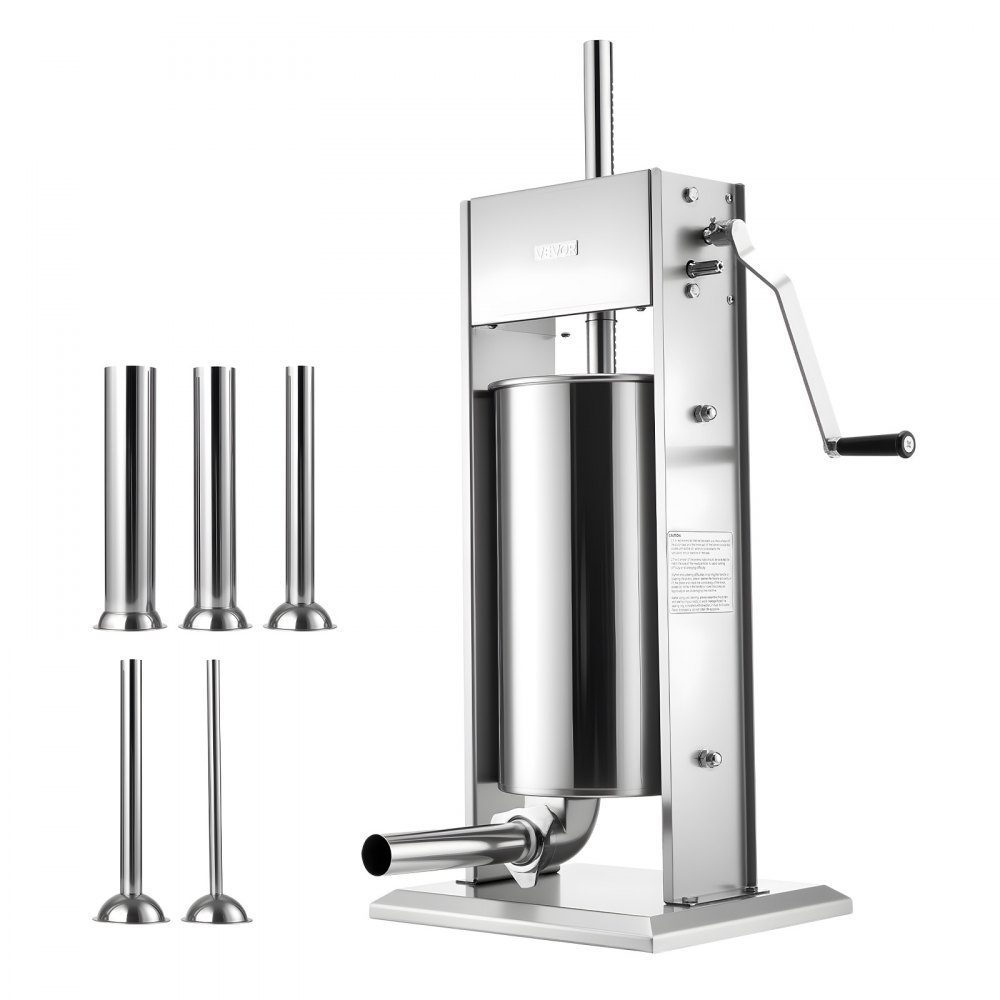Handmatige worstvuller 15 L, verticale worstvulmachine met 2 snelheden (snel/langzaam) & 5 vulbuizen & handvat, roestvrijstalen vleesvuller voor commercieel en privégebruik