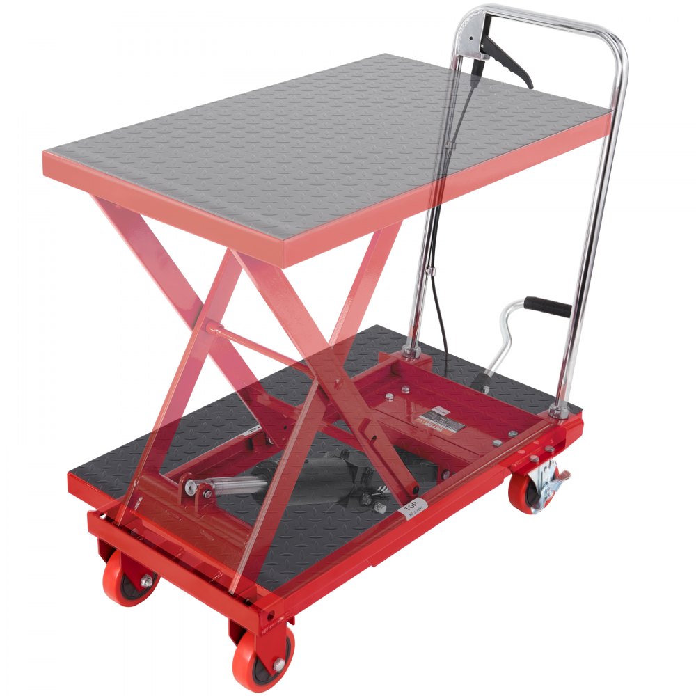 Hydraulic scissor lift table 230 kg load capacity lift table trolley 220-720 mm lifting range lift table workshop 700 x 450 mm platform scissor lift truck single scissor red factories warehouses supermarkets Hydraulic scissor lift table 230 kg load capacity lift table trolley 220-720 mm lifting range lift table workshop 700 x 450 mm platform scissor lift truck single scissor red factories warehouses supermarkets