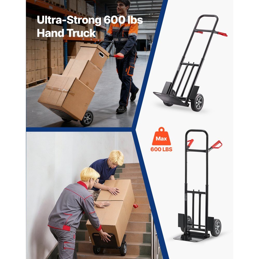 Diable, capacité de charge 272 kg, chariot de transport 480x460x1200mm, chariot portable avec sangle d'arrimage, rouleau de transport, chariot empilable, chariot de transport pour maison, bureau, entrepôt, supermarché
