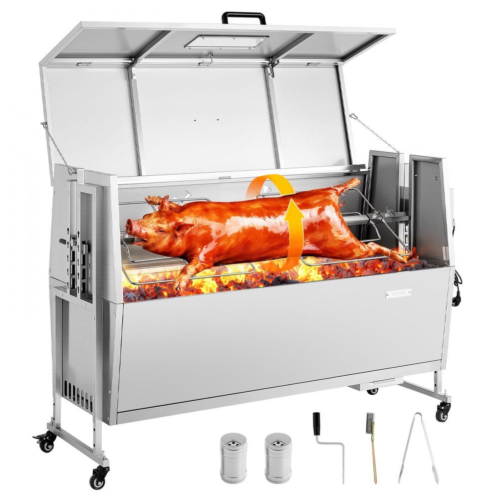 Rotisserie 38W suckling pig grill, lamb grill, charcoal grill (132cm grill length) with 60kg load capacity & wheels & 4-way height adjustment & lid, stainless steel electric grill set for camping
