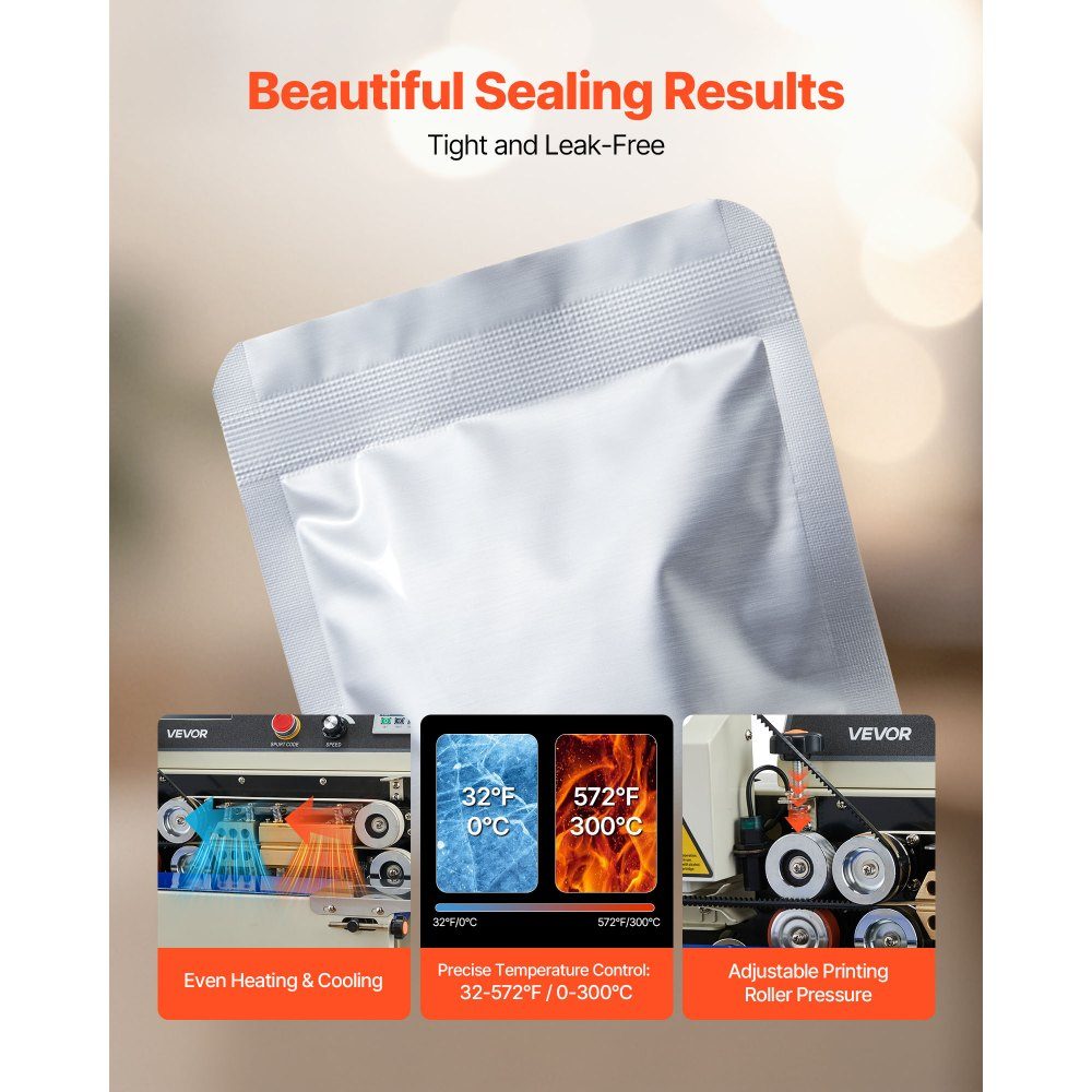 Continuous sealing machine, 6-12mm sealing width, horizontal, with ink printing, sealing machine, temperature and speed adjustable, for 0.03-0.8mm plastic bags